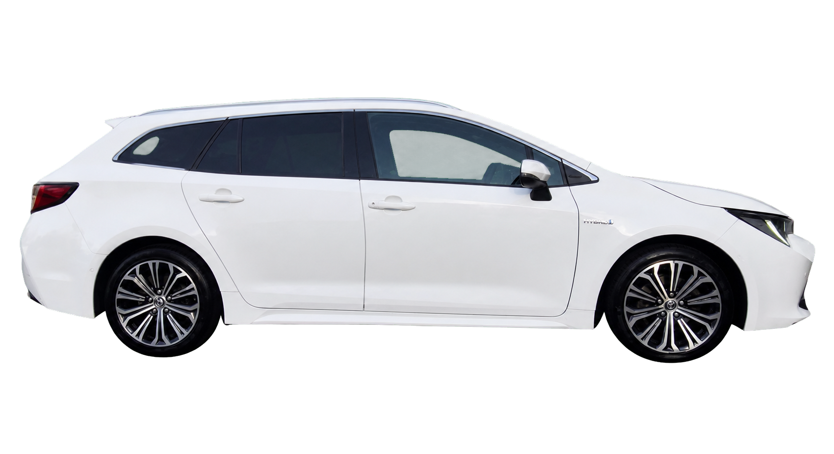 White Toyota Corolla Hybrid side profile with background removed